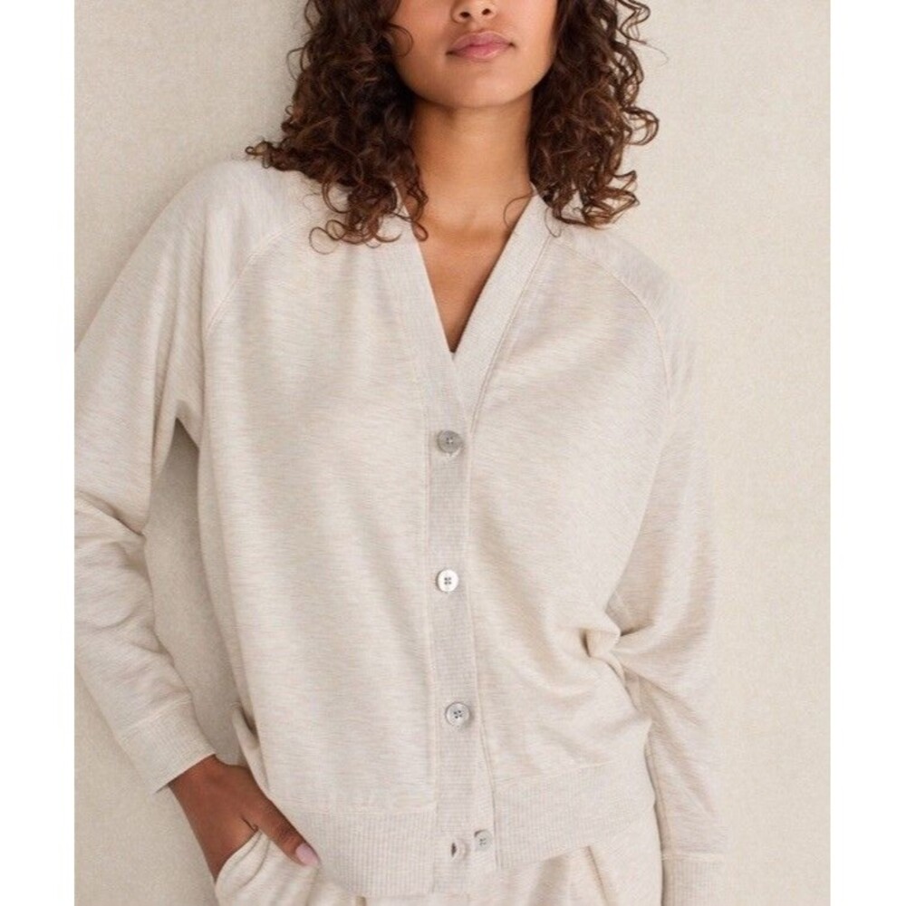Haven Well Within Lightweight Fleece Cardigan Size Medium Beige Super Soft Work